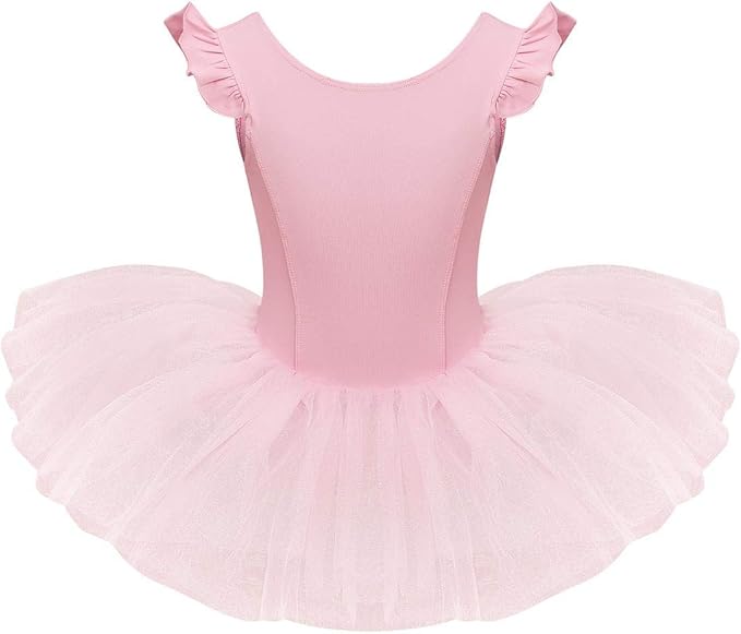 iwemek 女童褶皱蝴蝶袖芭蕾舞蹈裙蓬裙紧身紧身连衣裤芭蕾舞女舞会服